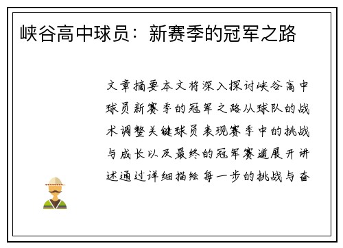 峡谷高中球员：新赛季的冠军之路