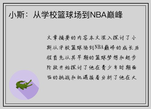 小斯：从学校篮球场到NBA巅峰
